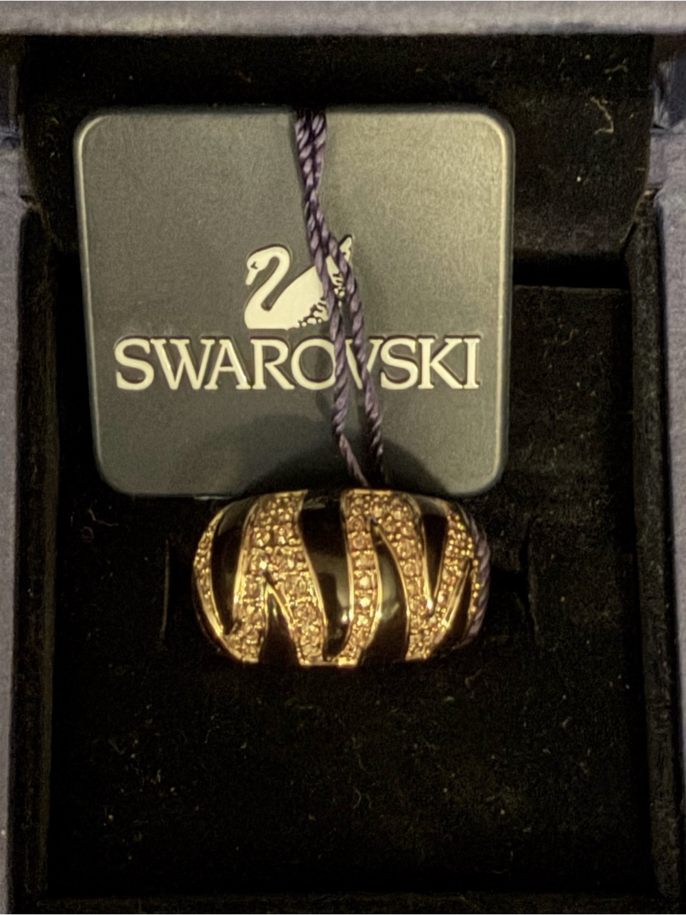 Swarovski gold plated size 5.5 Hannibal ring w/black enamel & crystal accents